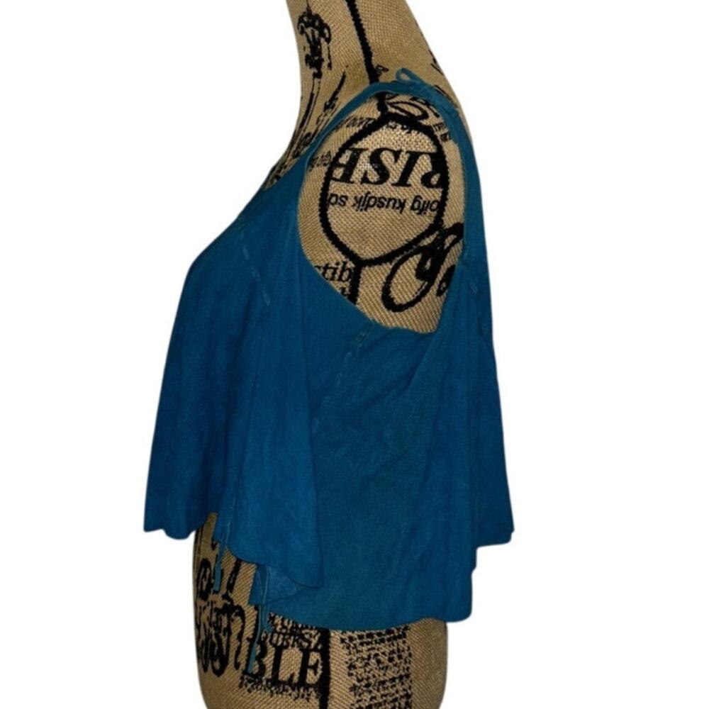 80s ERDA Deerskin Suede Crop Top Blue Size Medium Vintage Babydoll Boho Hippie - Picture 2 of 6